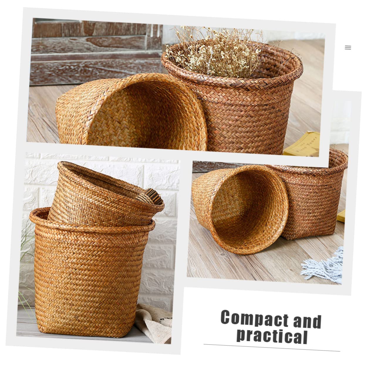 Cestino Intrecciato Rotondo 2 Pezzi in Paglia, Wastebasket