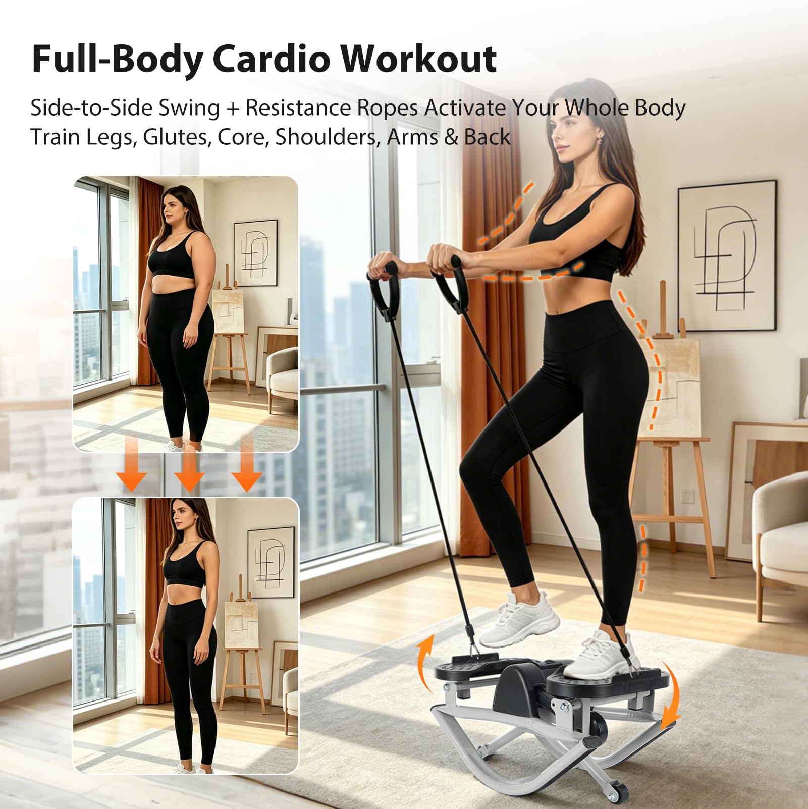 Mini Stepper, Step Fitness pour Maison, Stepper Fitness Appartement avec Compteur et Bandes de Résistance, Tapis Antidérapant 70x40 cm, pour Maison, Bureau, Fait Travailler Jambes, Fessiers
