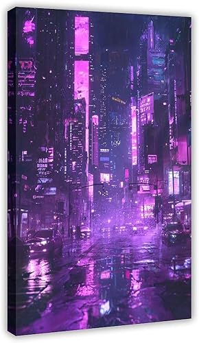 XAHOR Póster de pared futurista retro neón  Lienzo de paisaje nocturno Cyberpunk  Impresión de arte digital para el hogar moderno, póster de lienzo