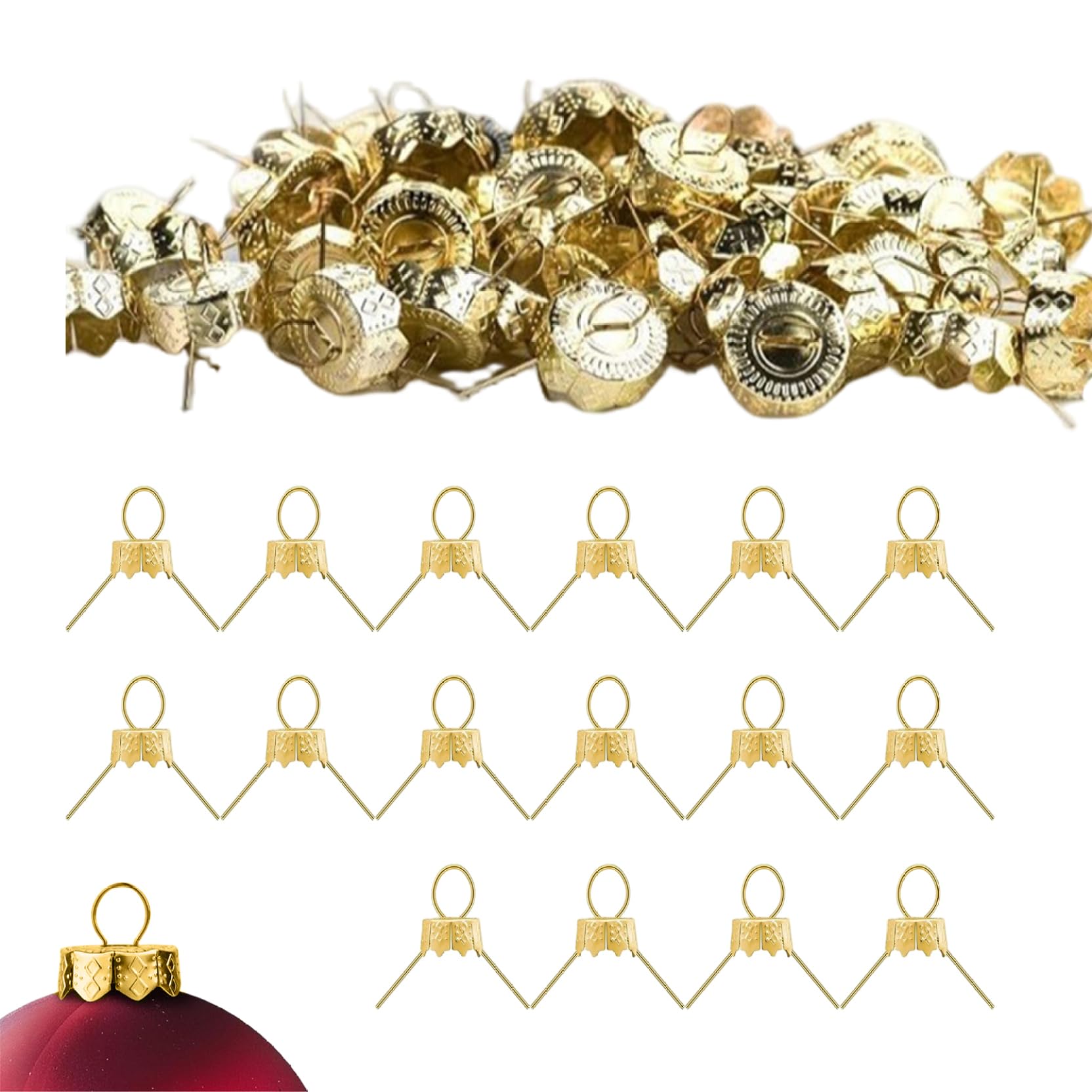 Ornament Caps 100Pcs Secure Metal Christmas Ornament Hooks Replacement Hangers for Christmas Tree Baubles, Glass, Ceramic or Porcelain Decoration, 20mm, Golden