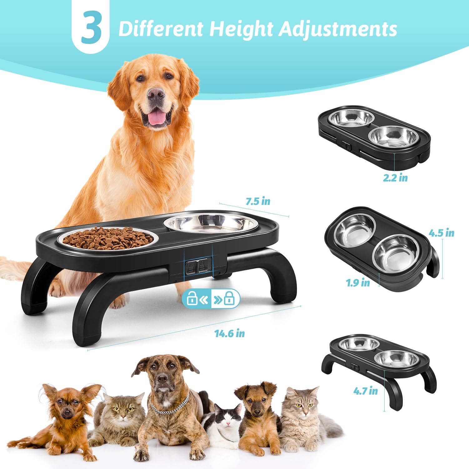 Gamelles surélevées pour chien, support de gamelle surélevée réglable en hauteur avec bol d'eau anti-déversement et bol de nourriture antidérapant, station d'alimentation en métal pour chiens et chats
