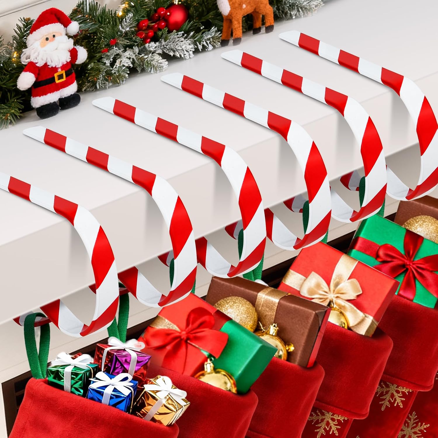 Stocking Holders for Mantle Set of 6, No-Slip Stocking Hangers for Mantel Multi-Use Christmas Stocking Holder Hooks for Fireplaces Mantle, Wreath, Hat, Gift Christmas Party Decorations