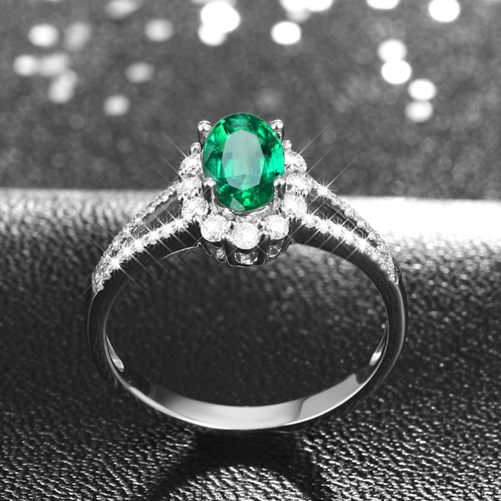 Anillo de compromiso para mujer de platino, anillos de promesa de boda con esmeralda ovalada de 1 ct y moissanita 0,39 quilates, tamaño H 1/2-V 1/2