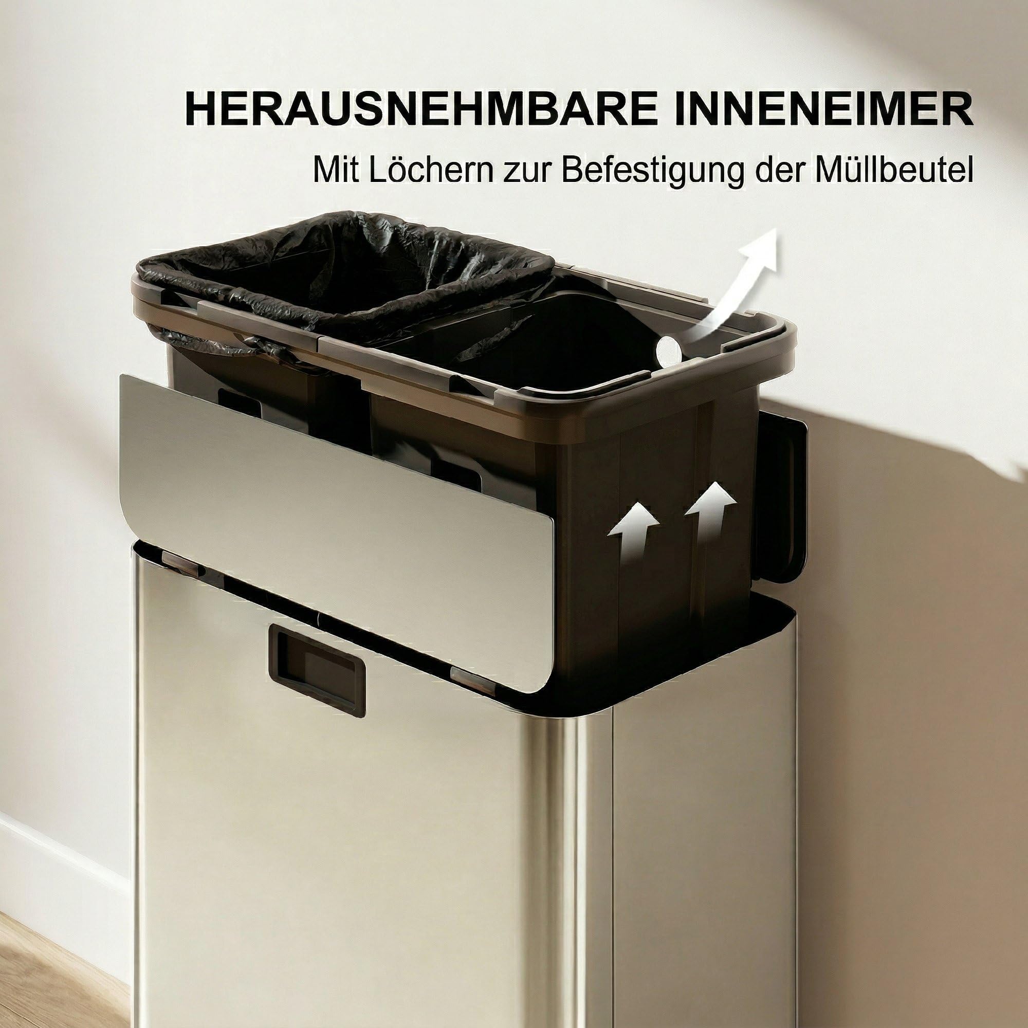 HOMCOM Küchenmülleimer 2 x 28L Edelstahl-Tretmülleimer mit Soft-Close-Schmetterlingsdeckel, herausnehmbaren Inneneimern, 2 Fächern, Mülltrennsysteme, für Recycling und Müll, Silberton