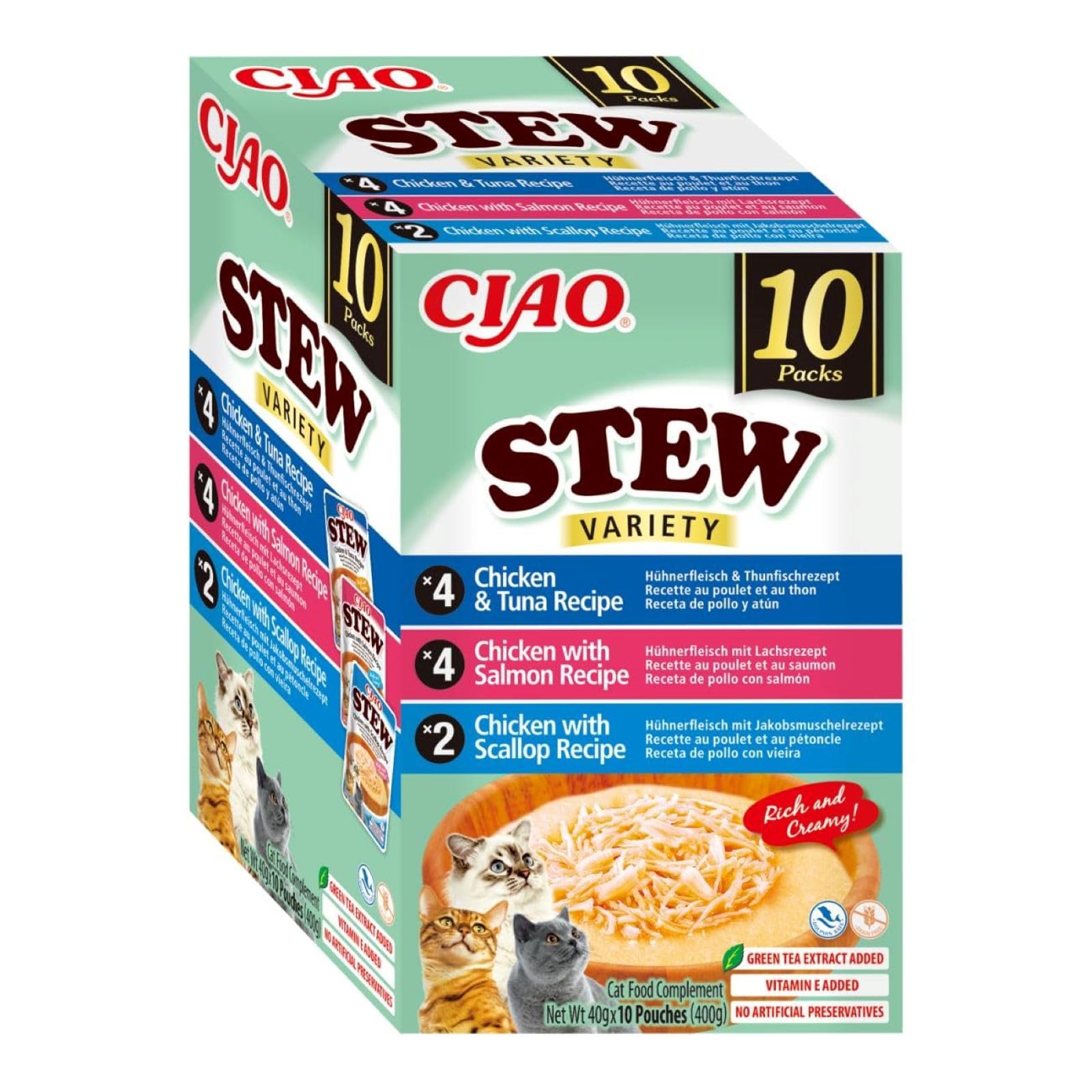 INABA Ciao Stew Gatos - Receta Saludable de Estofado Cremoso con Pollo, Atún, Salmón y Vieira - Comida Húmeda con Tiras de Pollo - Alimento Natural sin Cereales - 400g (10 Sobres x 40g)
