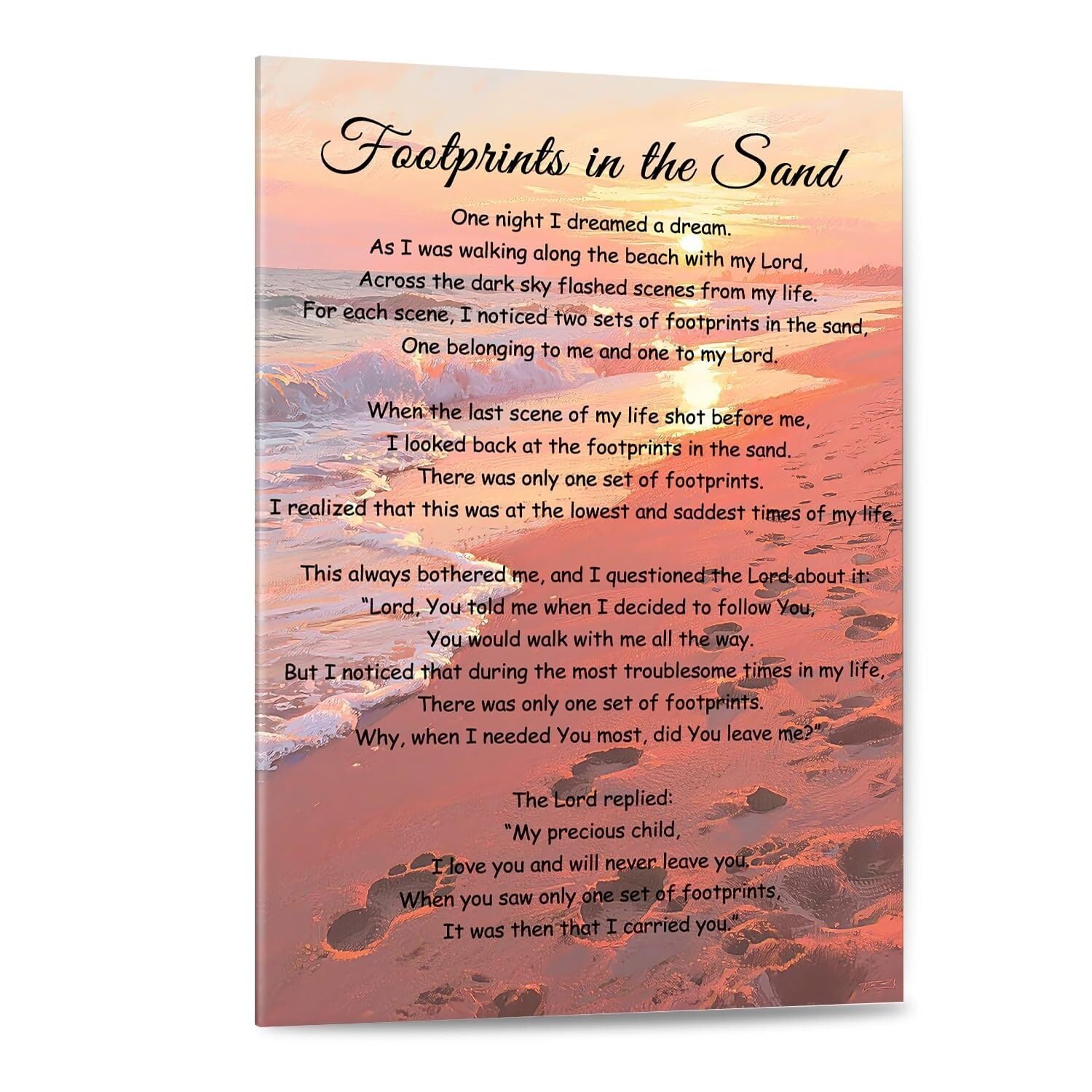 REIUAFWYGV Footprints in the Sand Christian Poem Poster Religious Inspirational Verse Canvas Wall-Art for Living Room Bedroom Prayer Room Decor(Framed,12x18inch(30x45cm))