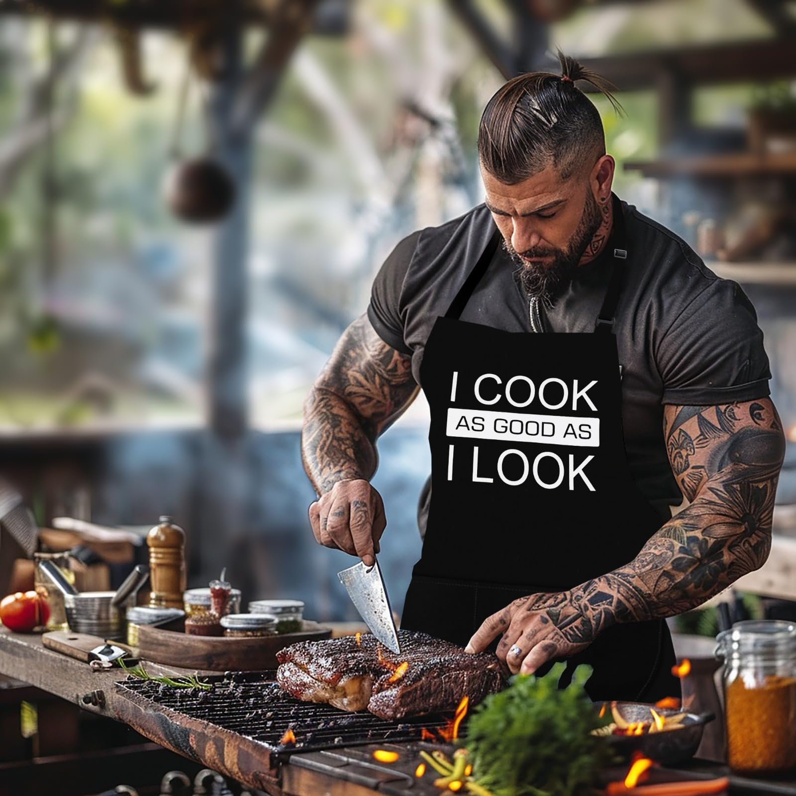 LINEN CLOSET® Adjustable Bbq Aprons for Men Women Funny Chef Aprons Christmas Grilling Gifts for Dad Son Father Husband with 2 Pockets-I Cook as Good as I Look Apron - Image 4