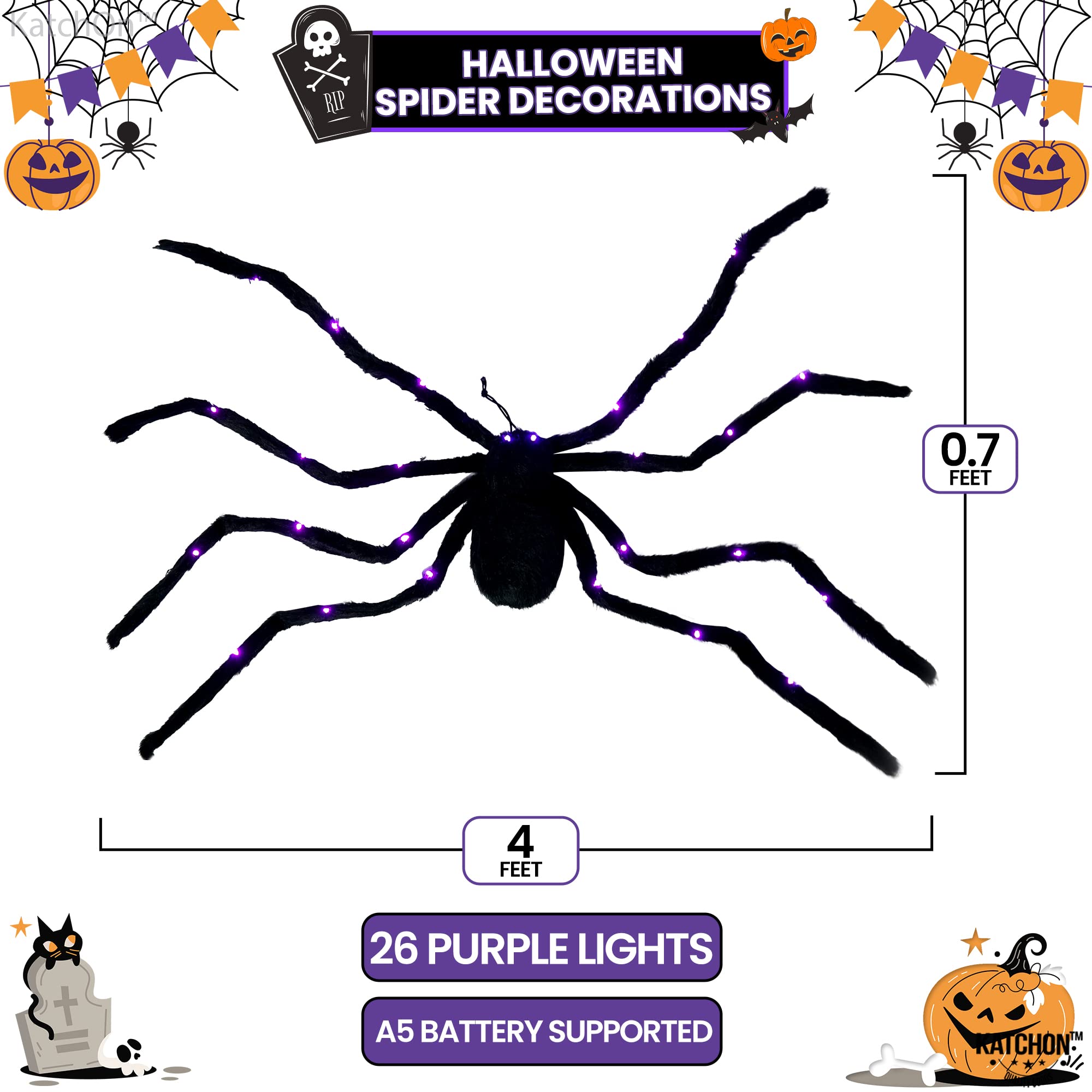KatchOn, Giant Light Up Spider for Outdoor - 4Ft, Realistic Hairy LED Spider | Purple and Black Spider with Bendable Legs for Halloween Decorations Outdoor, Indoor | Halloween Spiders for Outside