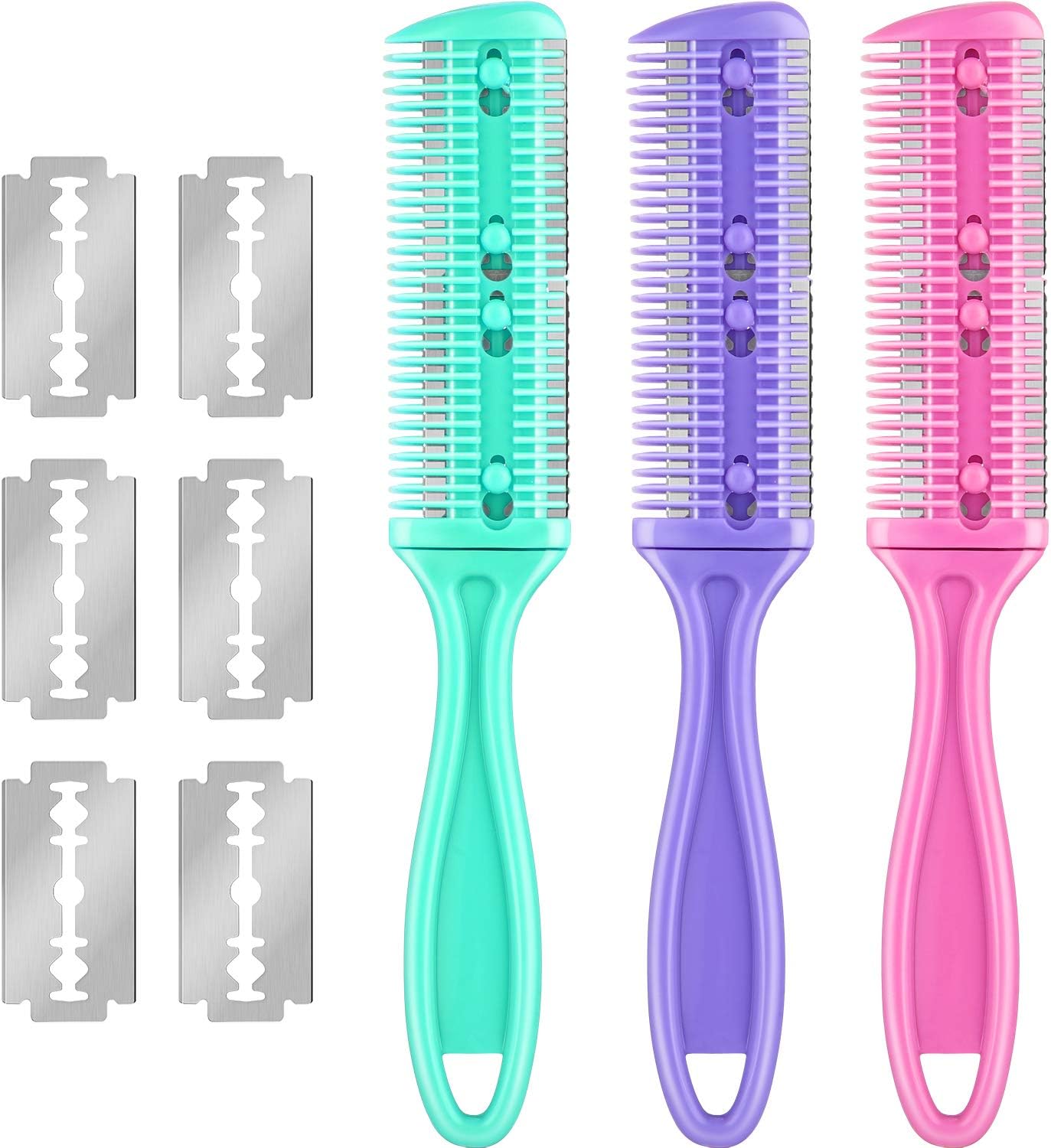 3 Pieces Hair Cutting Comb Set with 10 Razors, Double Edge Razor, Thinning Comb for Slim Haircuts (Green, Purple, Pink)