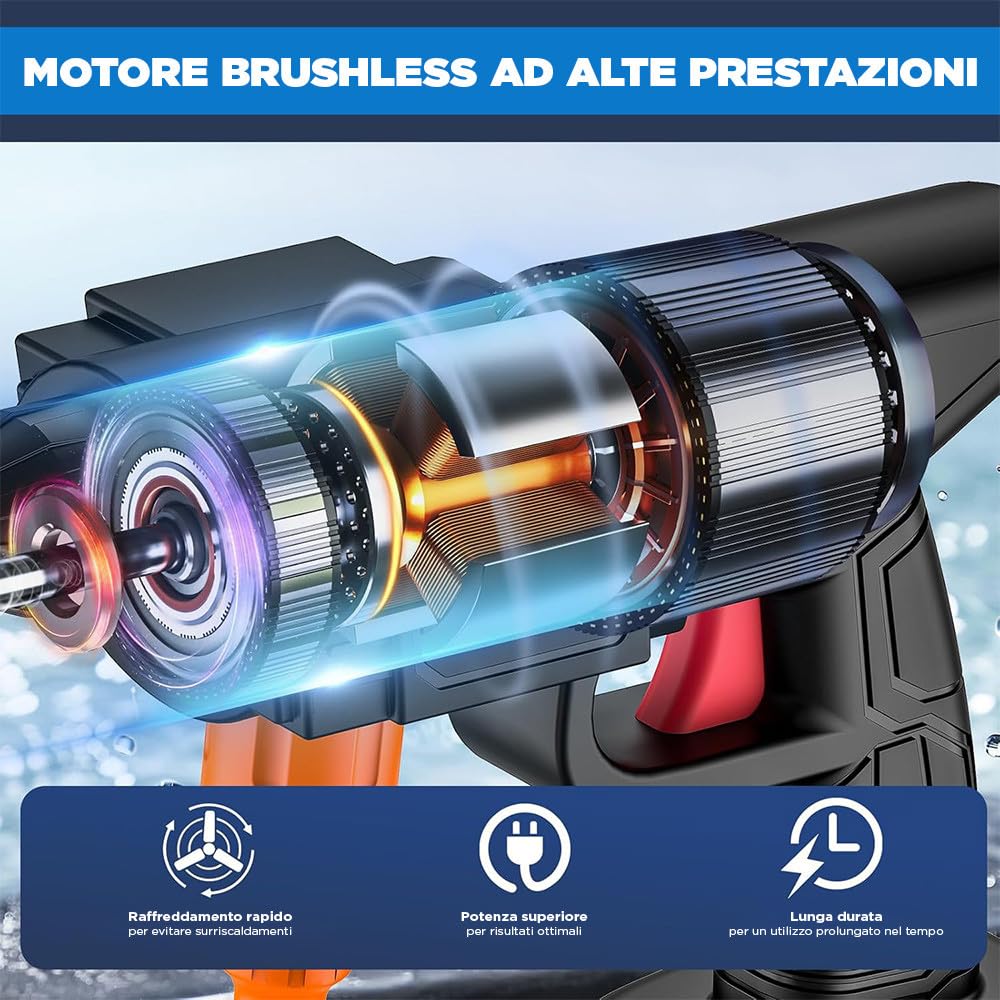 Kit Idropulitrice e Soffiatore Cordless a Doppia Batteria 48V - Lancia Lavaggio a Batteria - Lavaggio Professionale con Filtro, Tubo, Serbatoio e Attacchi - Pulizia Auto Scooter Giardino (Blu)
