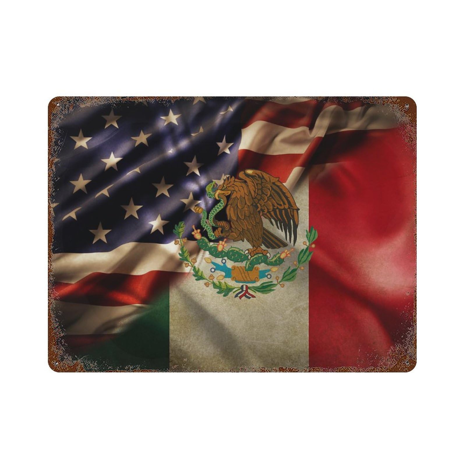 KWQDOZF Combined Mexico And USA Flag Theme Metal Tin Sign,Vintage Iron Hanging Plate Horizontal with Rust Poster Wall Decor 12x16inch