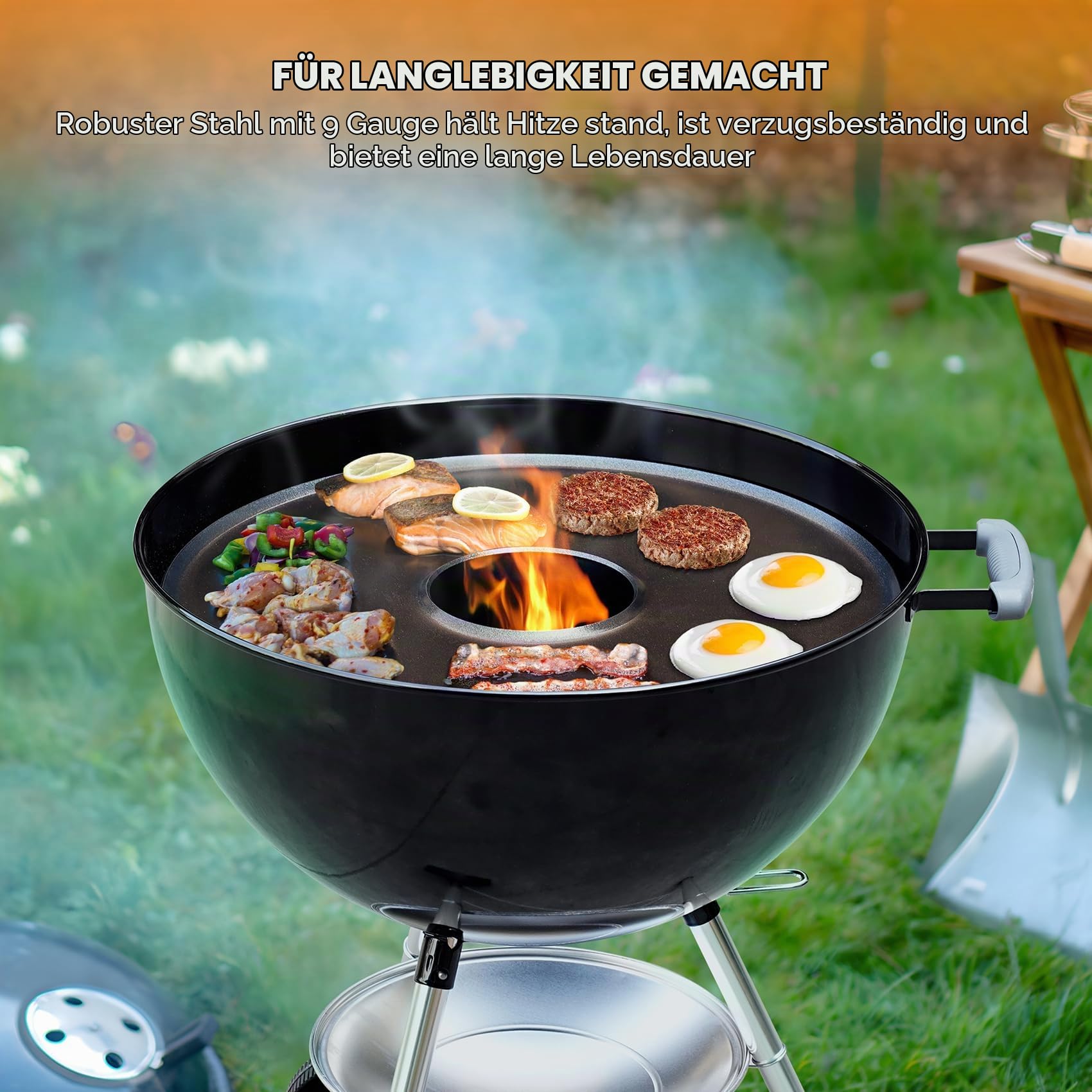onlyfire Feuerplatte, Ø 54,5cm Grillring, Grillplatte für Weber 57cm Holzkohle Kugelgrill, Räucherofen und Runde Grills, Keramisch Lackierte Oberfläche Plancha, BBQ-Platte mit Ölauffangrillen