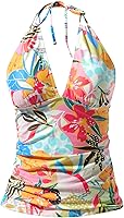 Yonique Women's V-Neck Halter Tankini Top with Tummy Control - Ruched Swim Top for Slimming Beach Look