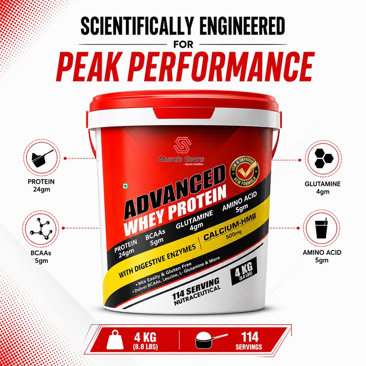 Muscle Gears Advanced Whey Protein | 24g Protein | 5g BCAAs | 4g Glutamine | 5g Amino Acids | 500mg Calcium + HMB | Digestive Enzymes | Chocolate Flavor | 4kg (8.8 lbs) — Amazon image 7