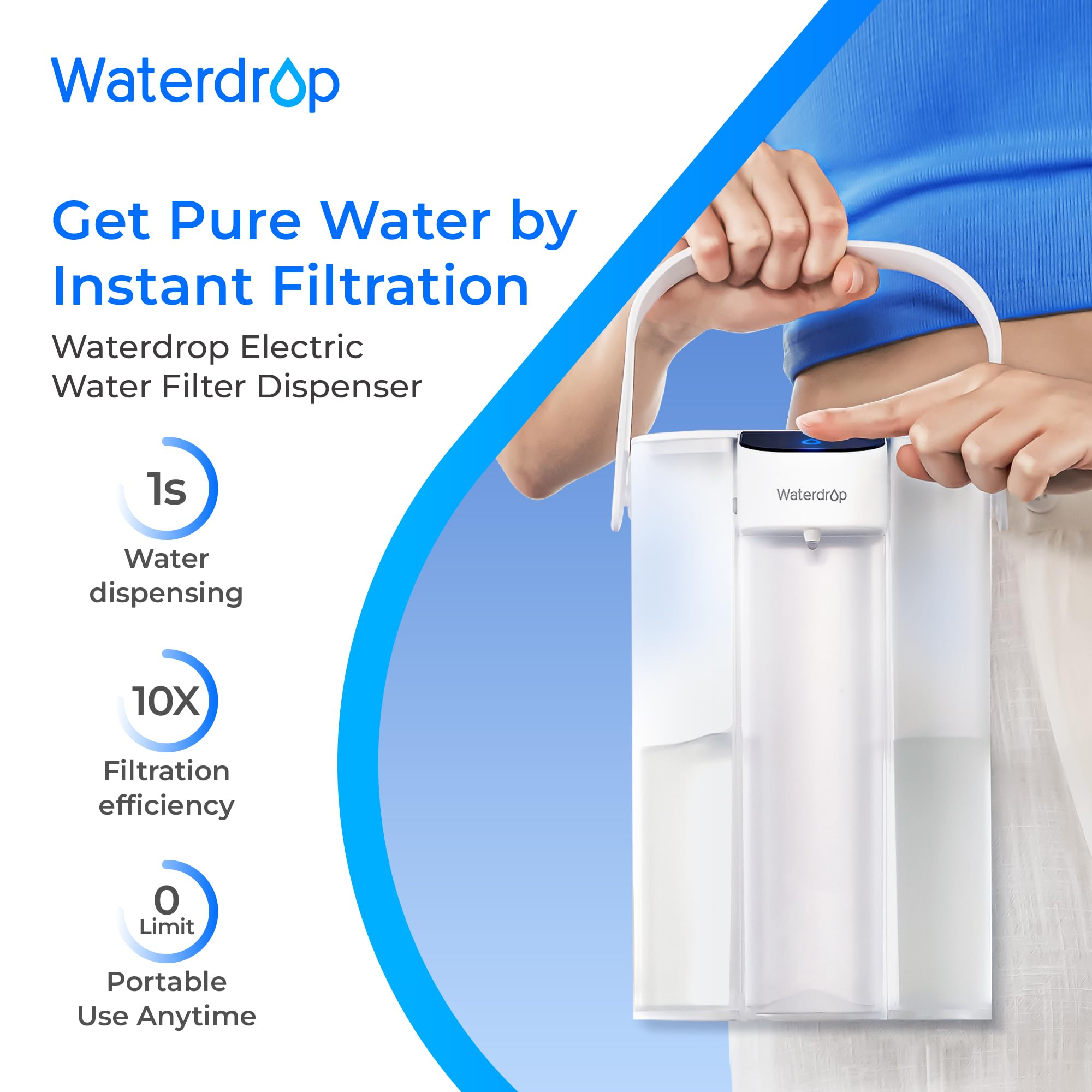 Waterdrop Caraffa filtrante elettrica istantanea con 4 filtri da 3 mesi, sistema di filtraggio dell'acqua da banco da 3,5 l, riduce cloro, piombo, mercurio, riduce PFAS, PFOA/PFOS, 757 litri, bianco
