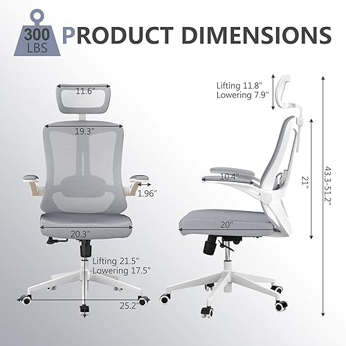 Miniatura 42 de Silla de oficina ergonómica, silla de escritorio ajustable de malla resistente con ruedas, reposabrazos y soporte lumbar, cómoda silla para oficina