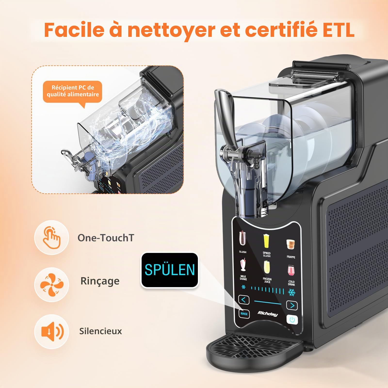 Machine à glace pilée Richday, capacité de 2L, affichage LED, technologie WhisperChill, 6 programmes, pour milkshakes, frappés, margaritas, sorbetière