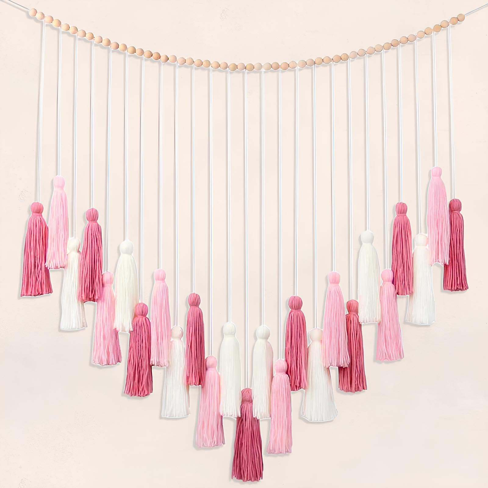Blush Pink Boho Macrame Wall Hanging - Boho Girls Room Decor, Large Tassel Hanging with Wood Beads for Bedroom Living Room Girls Room Dorm Room Decoration