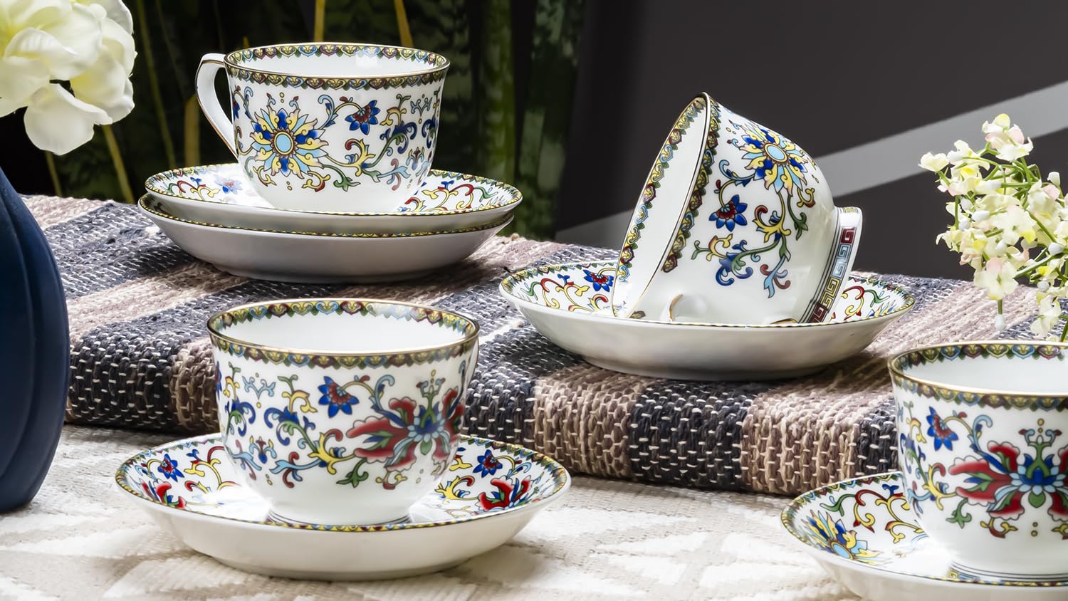 GOLDEN QUEEN'S Cup & Saucer Set | Perfect for Hosting & for Tea/Coffee Lovers | Handcrafted in India, Inspired by Florals & 24-Carat Gold Rim | 6 Cups & 6 Saucers |170 ml (Himalyan Flora) 4