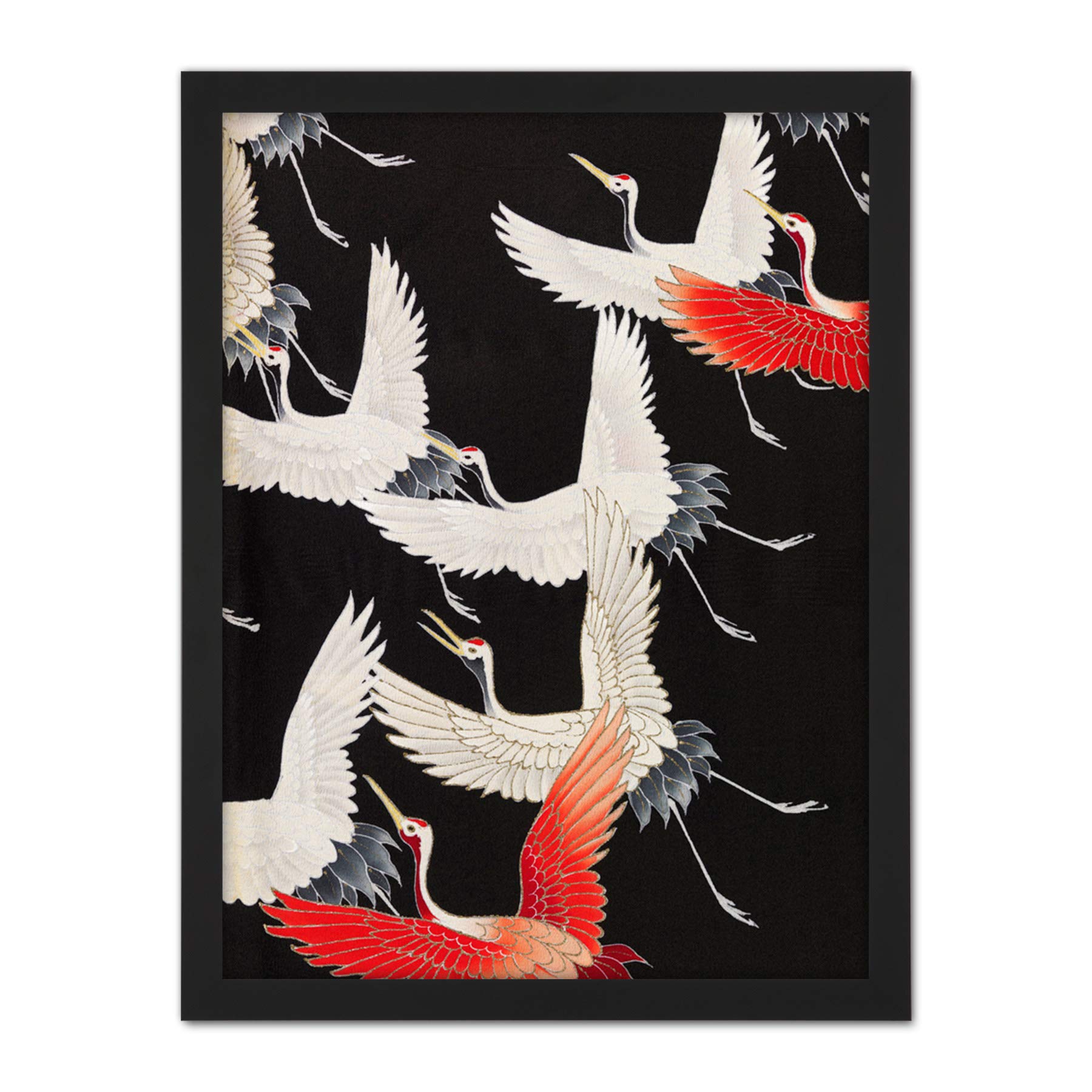 Wee Blue Coo Japanese Crane Kimono Pattern Artwork Framed Wall Art Print 18X24 Inch