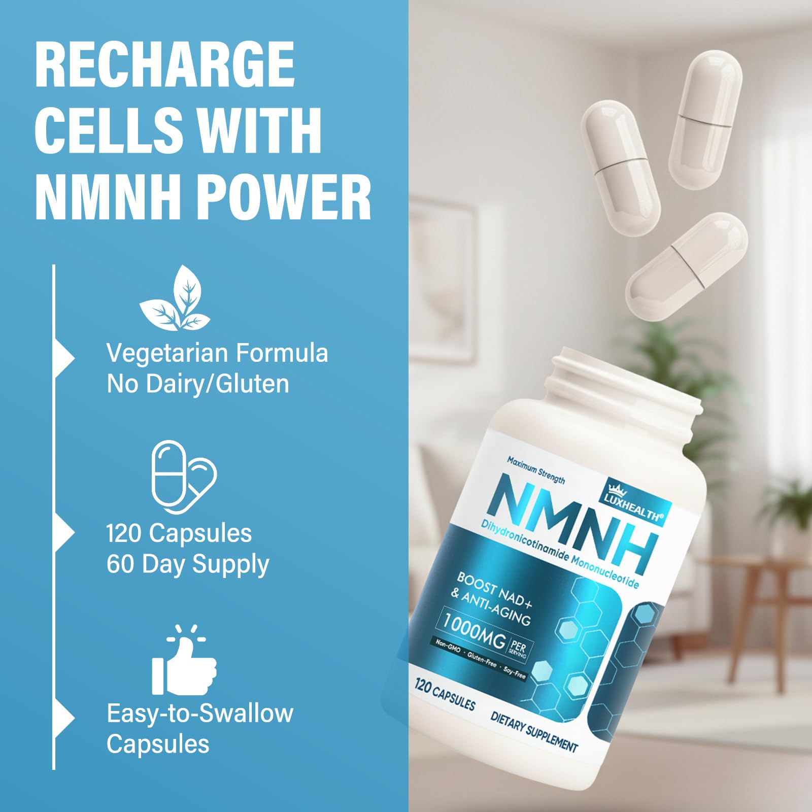 NMNH 1000mg Par Portion, Anti Âge Et Énergie Cellulaire, 120 Gélules Resvératrol Supplément NAD+