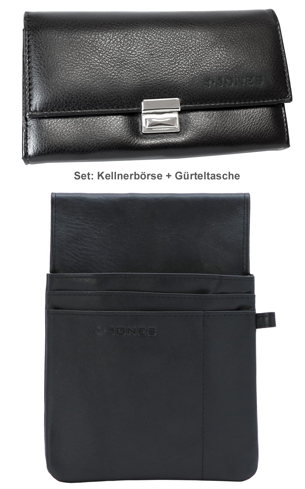 J.Jones - 2er Set Kellnerbörse/Taxibörse mit Gürteltasche-Etui | Robustes Echtleder, Portemonnaie mit Schutzhülle, Schwarz