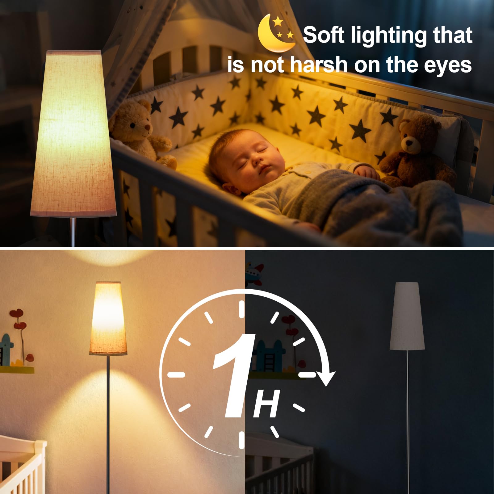 LED stehlampe wohnzimmer mit schirm 9W, LED Leselampe Stehlampe dimmbar mit Fernbedienung&Fußschalter, 170cm Hohe mit Leinen-Lampenschirm & LED-Lampen Nachtlicht Kinder