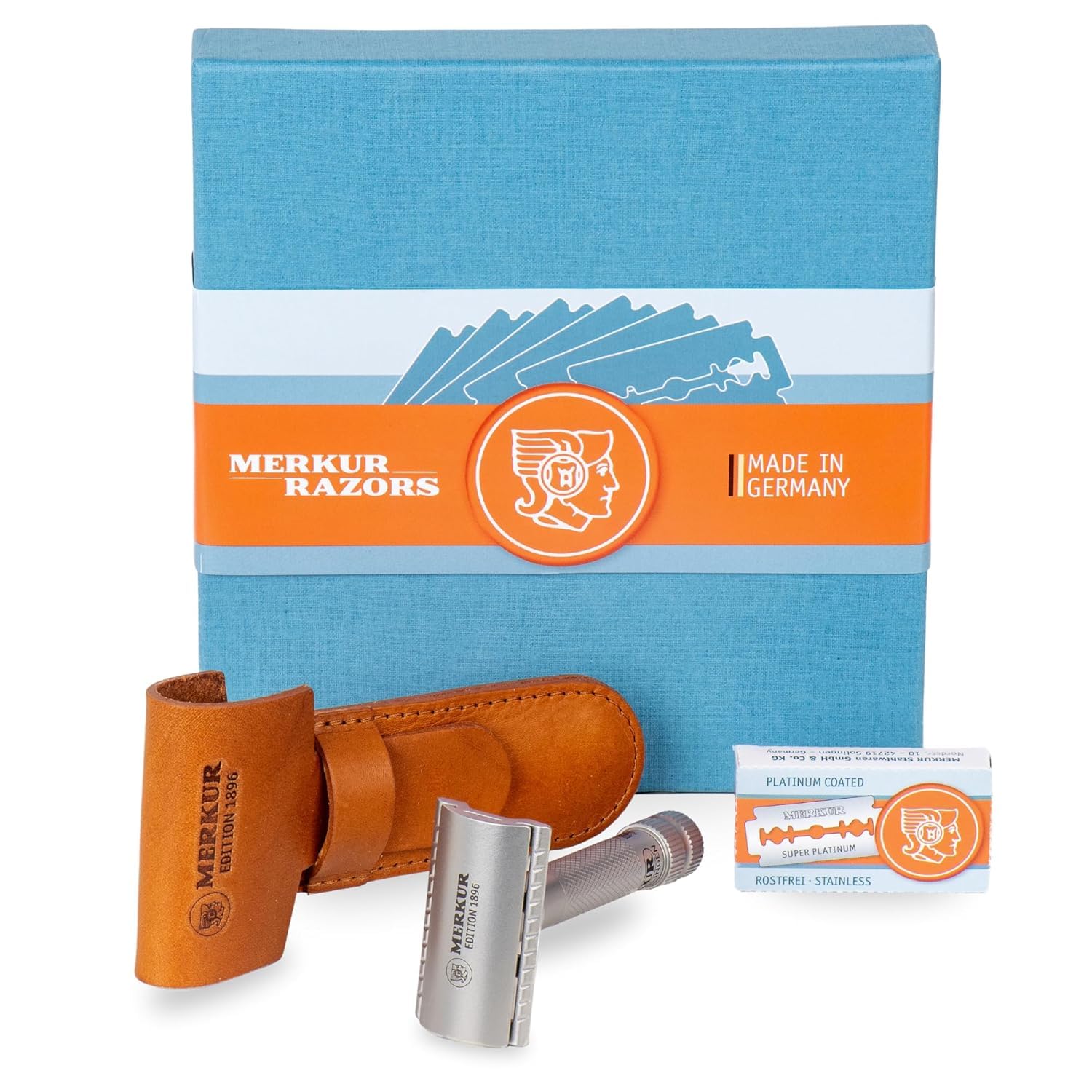 MERKUR Stainless Steel Safety Razor Set 34 INOX |Includes Premium Safety Razor, Leather Case and 10 x Platinum Blades | Satin Matt | Closed Comb | Ideal for Wet Shaving | Made in Germany