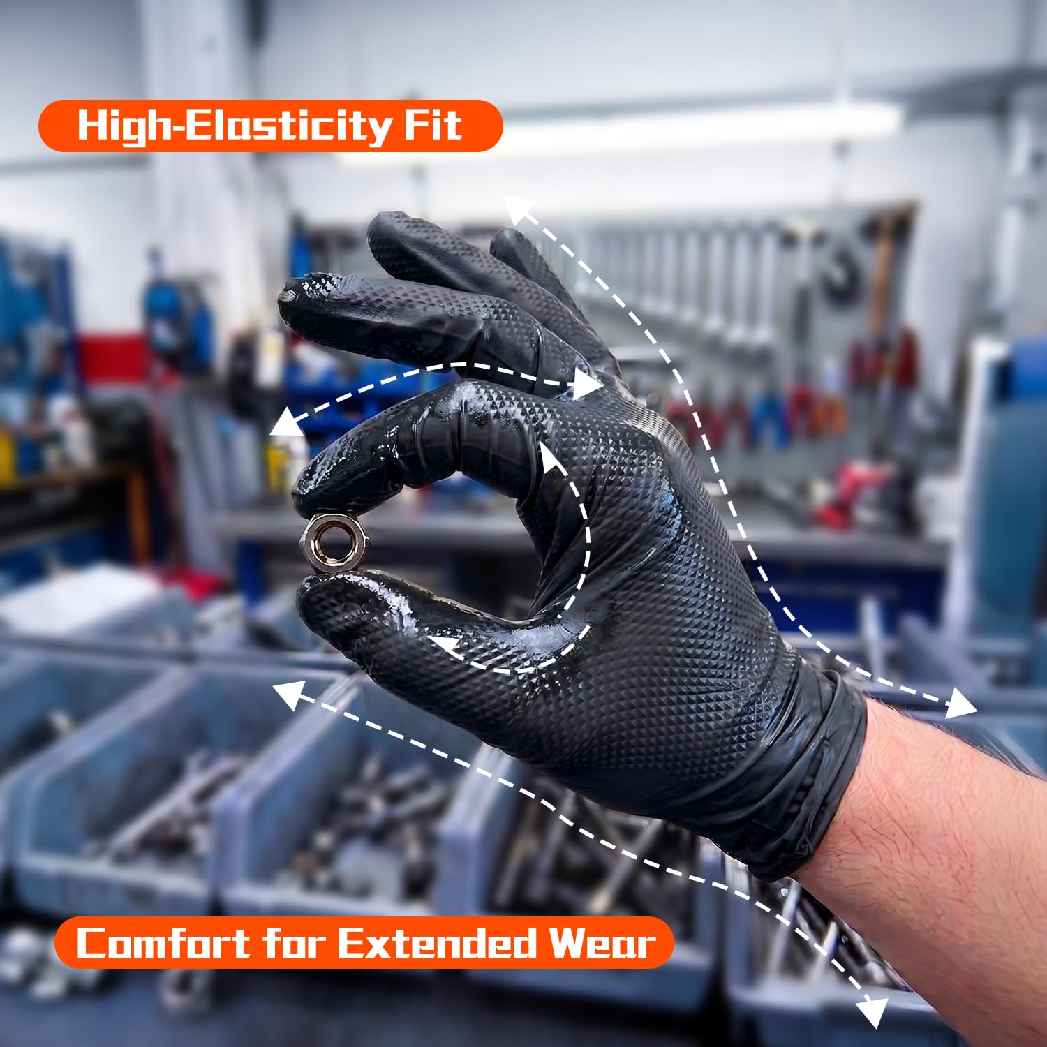 ANBOSON Guantes desechables de nitrilo negro de 10 mil, mecánicos, guantes de trabajo de seguridad, sin látex ni polvo, totalmente texturizados de diamante (negro, 100, XL)
