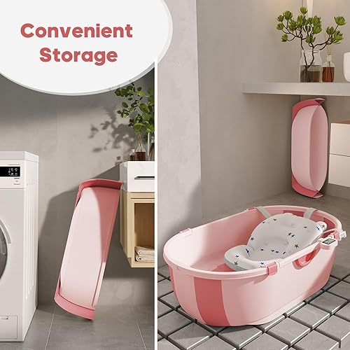Miniatura 7 de Bañera plegable para bebés y niños pequeños con cojín de baño suave, bañera plegable para bebé con termómetro y salida de drenaje, bañera para bebés