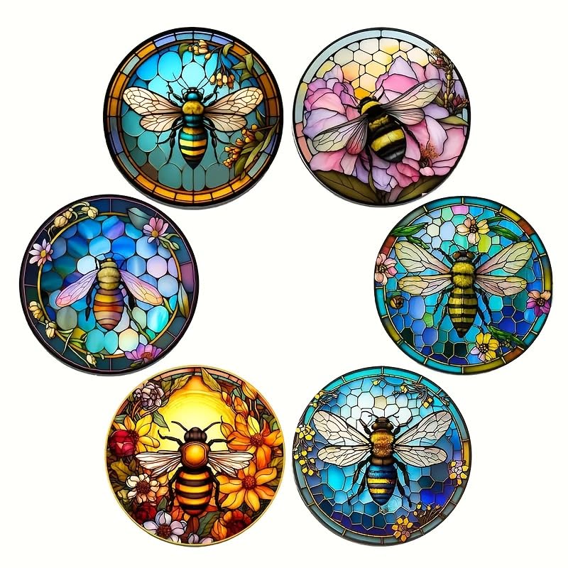 Image of 6pcs Artistic Bee and Floral Wooden Coasters - Painted Glass Effect, 3.93x3.93 Inches - Perfect for Coffee Cups, Home Decor, and Unique Housewarming Gifts, Bee Decor