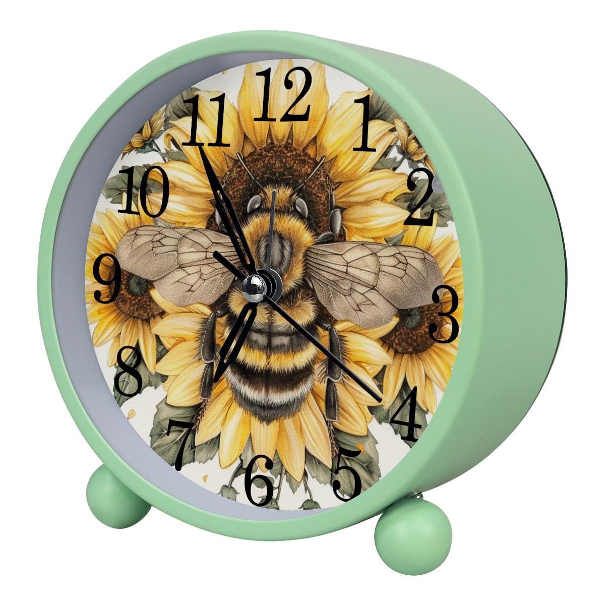 Luoweisi Alarm Clock Sunflower Bee, Silent Non-Ticking with Night Light, Round Metal Alarm Clock for Office, Battery Operated, Bedroom, Elderly, Adults, Children, Student Gifts