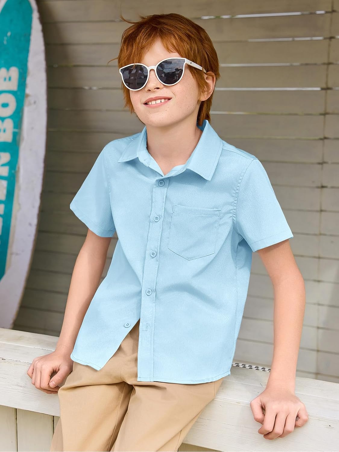 Haloumoning Boys Short Sleeve Textured Dress Shirts Kids School Uniform Button Down Shirt with Chest Pocket 5-14 Years - Image 2
