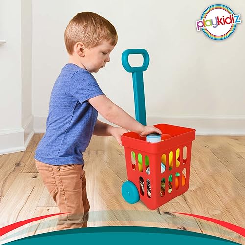 Miniatura 9 de Playkidz Juego de carrito de compras de juguete, juguetes de plástico para alimentos, juego interactivo, recursos de aprendizaje y diversión de