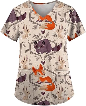 OIOLOYJM Printed Scrub Tops Women V Neck Short Sleeve Plus Size Scrubs for Womens Nursing Uniforms Shirts with Pockets