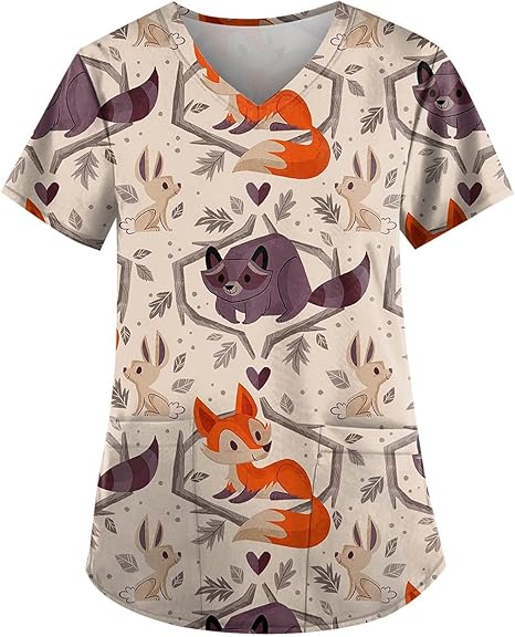 OIOLOYJM Printed Scrub Tops Women V Neck Short Sleeve Plus Size Scrubs for Womens Nursing Uniforms Shirts with Pockets