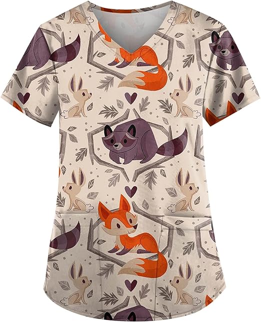 OIOLOYJM Printed Scrub Tops Women V Neck Short Sleeve Plus Size Scrubs for Womens Nursing Uniforms Shirts with Pockets