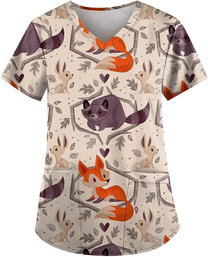 OIOLOYJM Printed Scrub Tops Women V Neck Short Sleeve Plus Size Scrubs for Womens Nursing Uniforms Shirts with Pockets