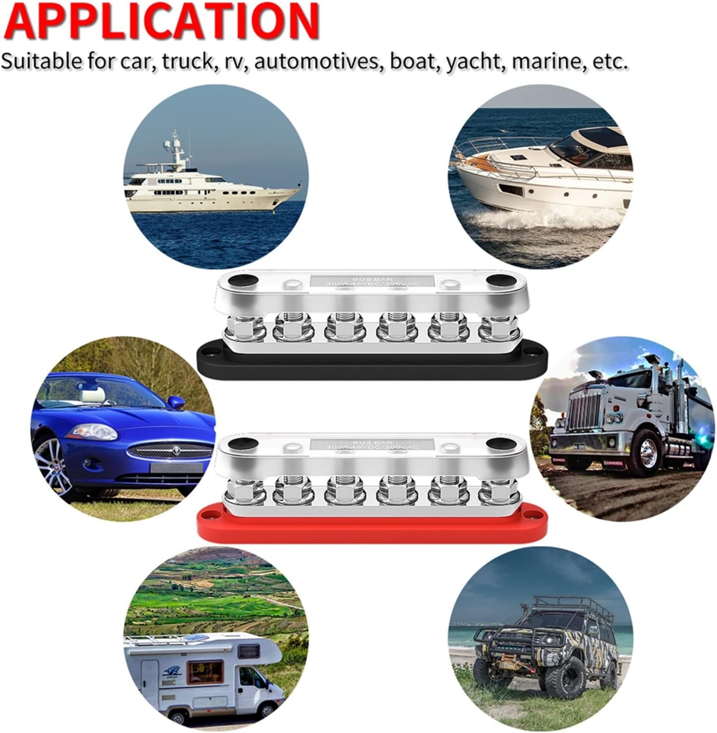 300A Negative Bus Bar 12V Distribution Block M10 Terminal Studs 48V DC Positive Ground Busbar for Automotive Car Boat 1Pcs(Red Color)