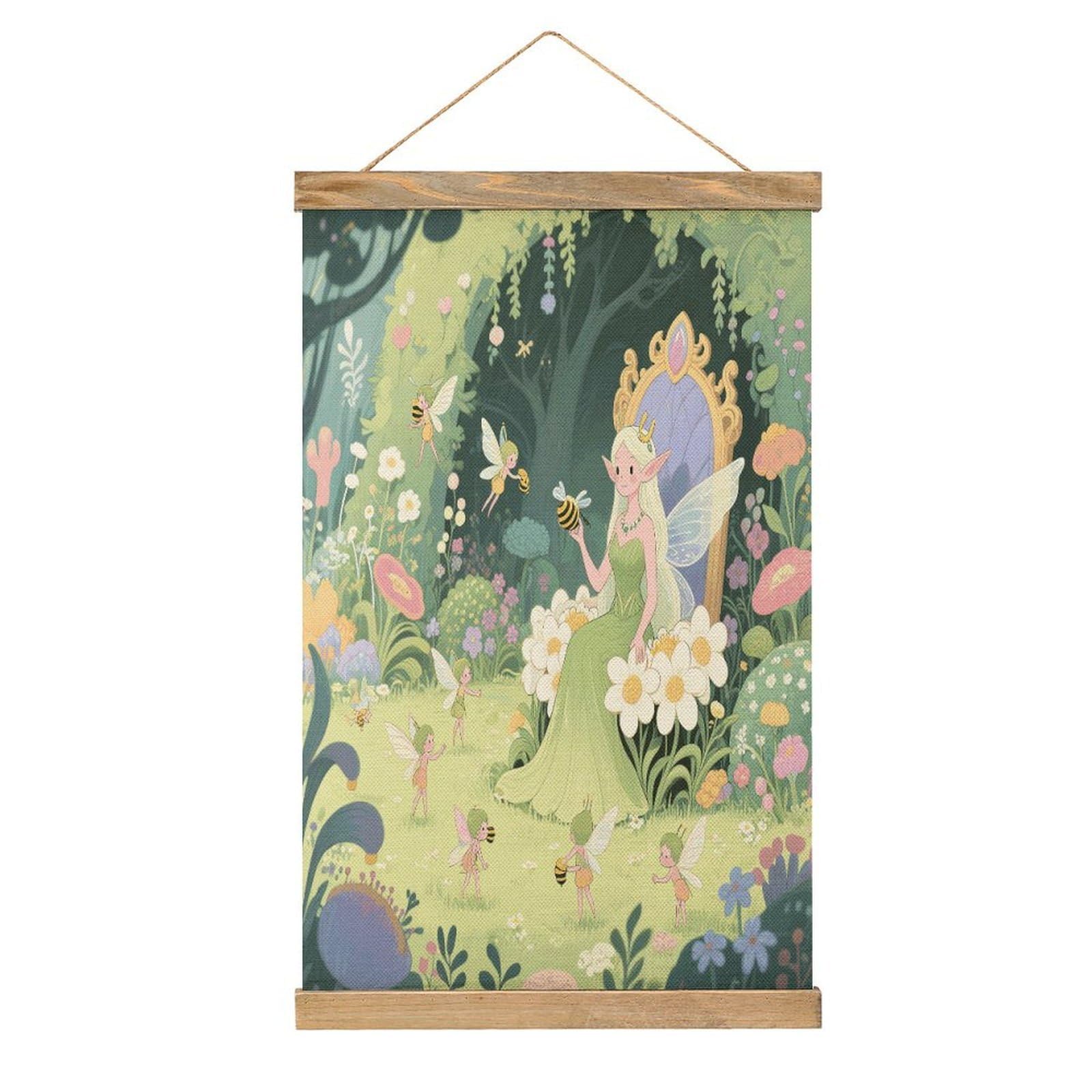 VstaDank Fairy Garden Hanging Poster with Wooden Frame Modern Linen Hanging Painting Retro Style Wall Decor Art Painting for Living Room,Bedroom Decor Poster Frame 20.4x13.1inch