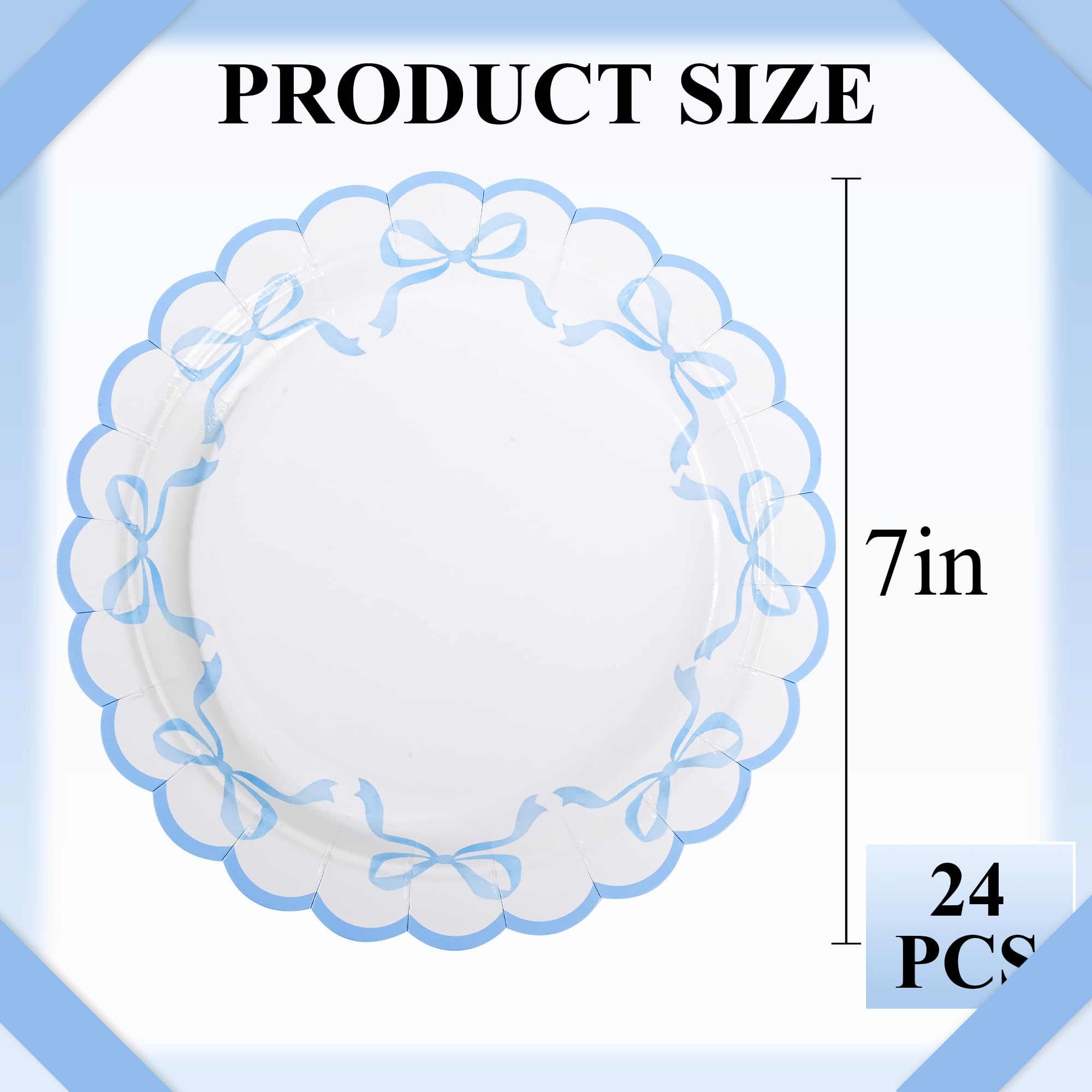 24 platos de papel con lazo azul, platos desechables para fiesta, lazo festoneado de 7 pulgadas, plato de postre para cumpleaños, novia, baby shower, vajilla de decoración de mesa
