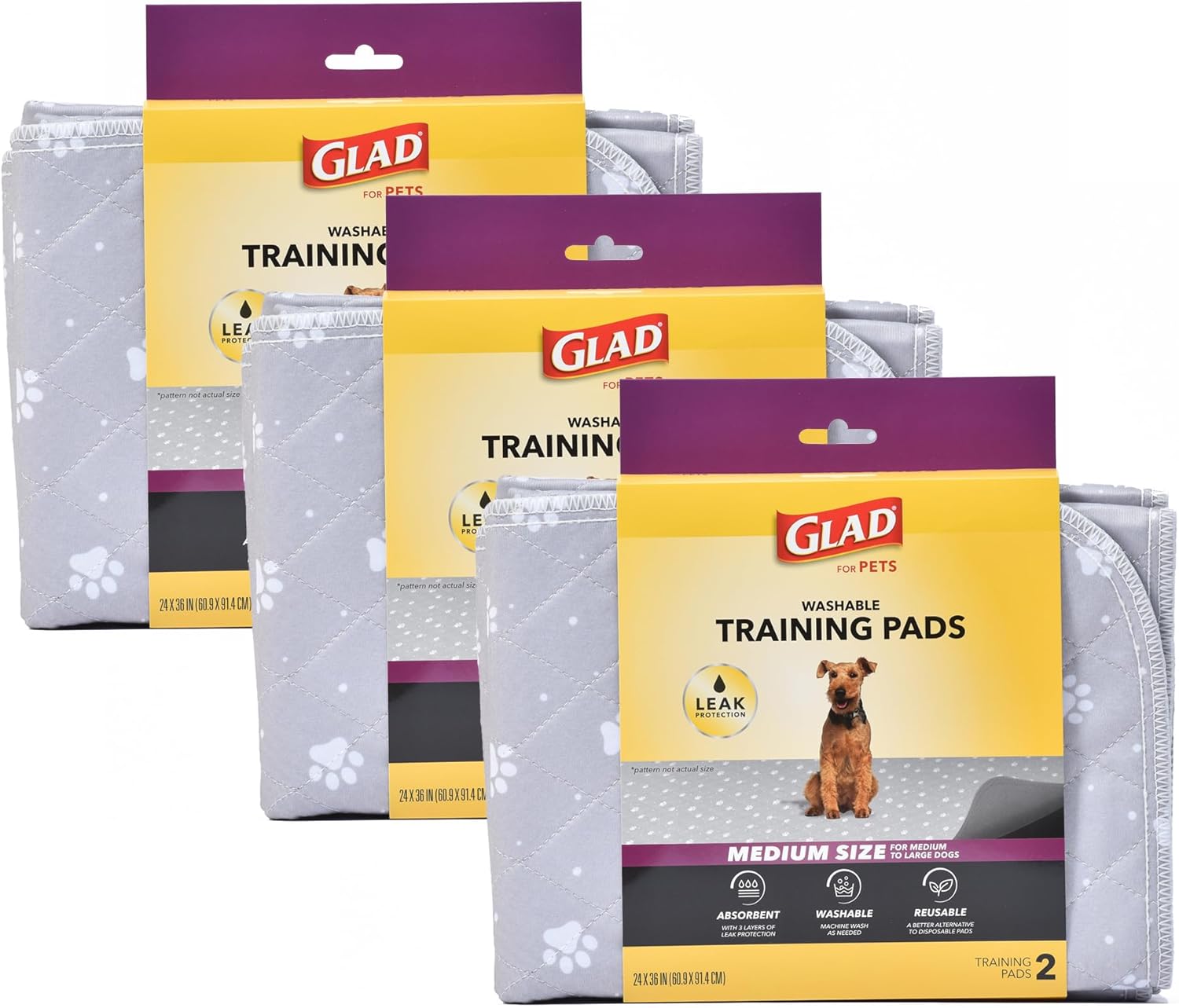Glad for Pets Washable Training Pads, Medium Size (24”x36”), 6 Pack Gray with Paw Prints| Re-usable Cloth Dog Training Pads with 3 Layers of Leak Protection and No Slip Grip Vinyl Bottom
