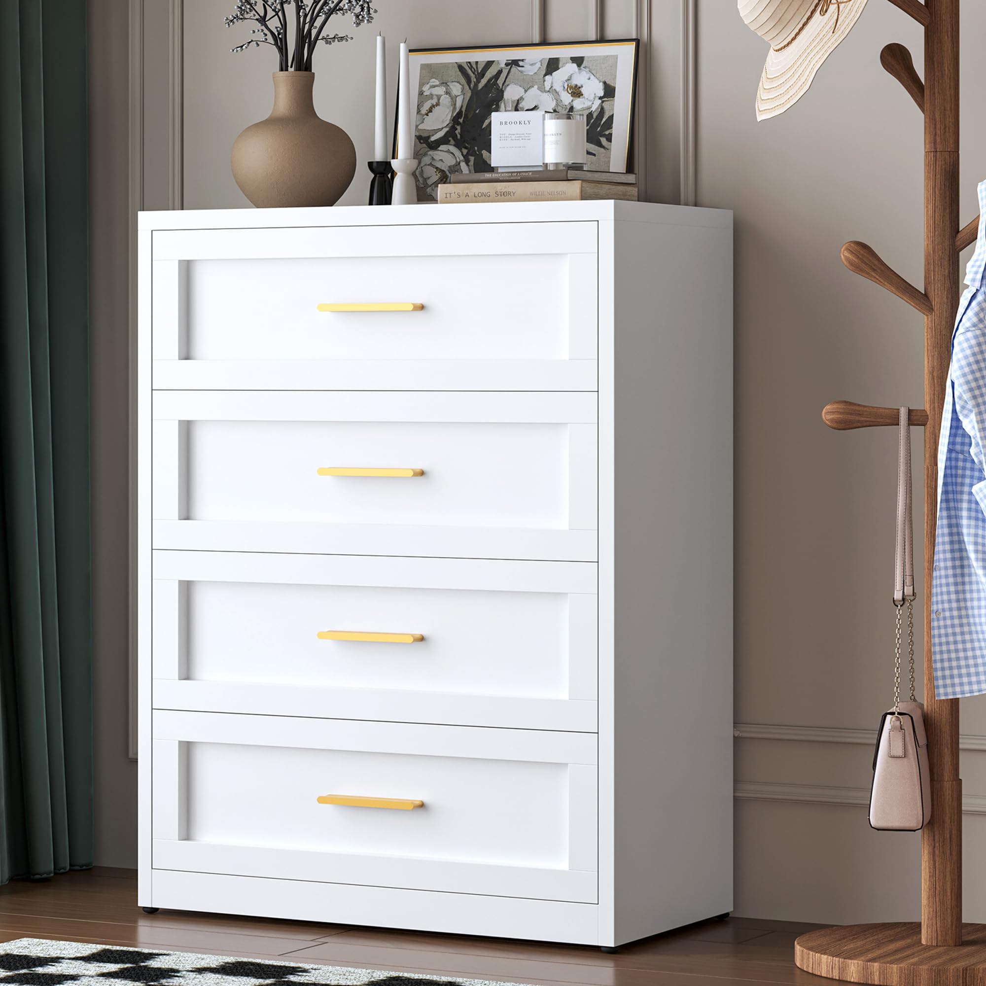 LCAOPC White 4 Drawer Metal Dresser for Bedroom, Chest of Drawers for Closet, Bedroom Tall Dressers with Drawers, Metal Dressers & Chests of Drawers