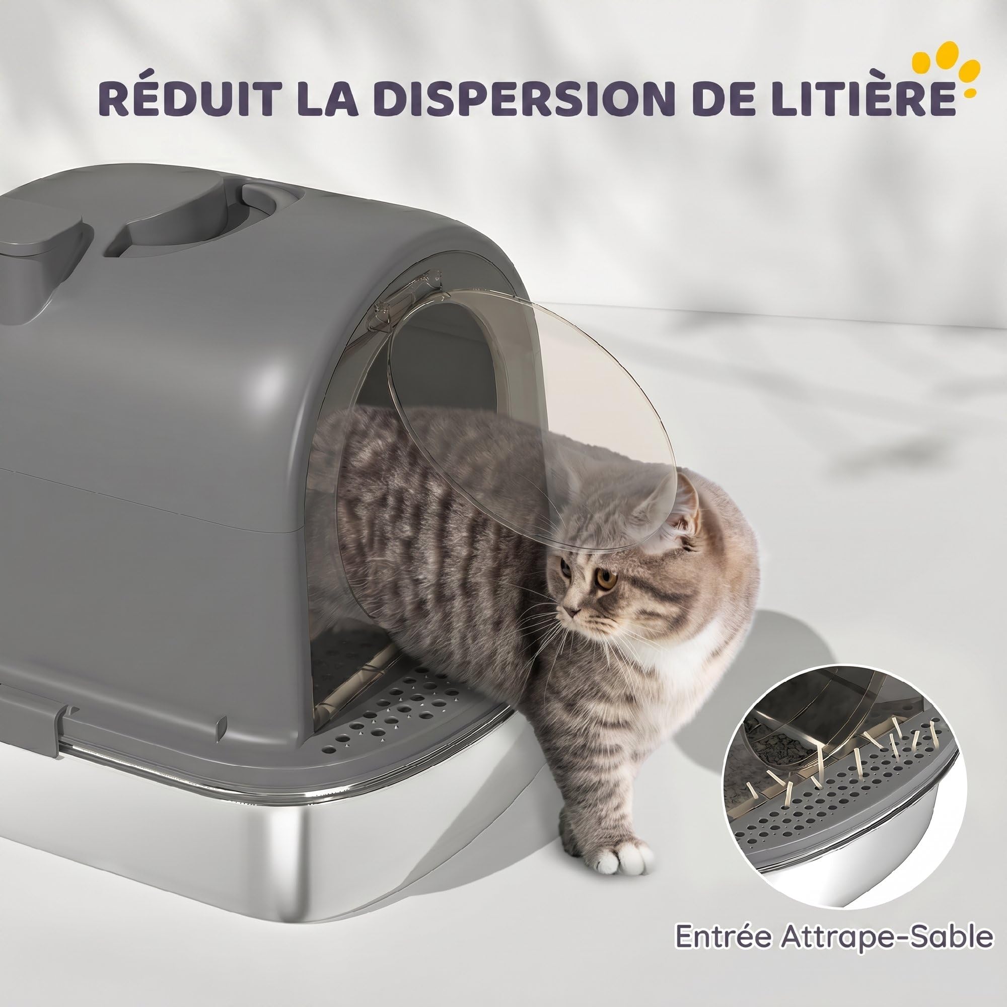PawHut Katzentoilette aus Edelstahl mit Deckel, geschlossen, dunkelgrau | Schaufel, Deodorantbeutel, Griff, Geruchskontrolle, nicht klebrig, einfach zu reinigen