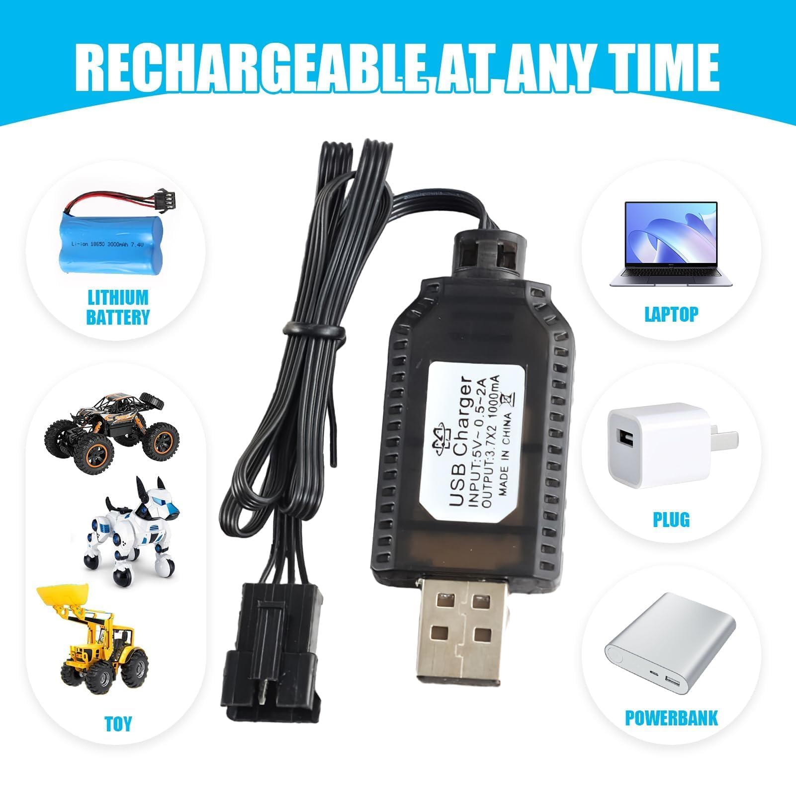 Chargeur Cigarette Electronique USB Chargeur Câble RC Universel Avec Connecteur SM-3P Plug Pour 2S 7.4V LiPo Batterie, Compatible Voiture RC Bateau RC Drone RC - Auto Chargeur Lipo 3s
