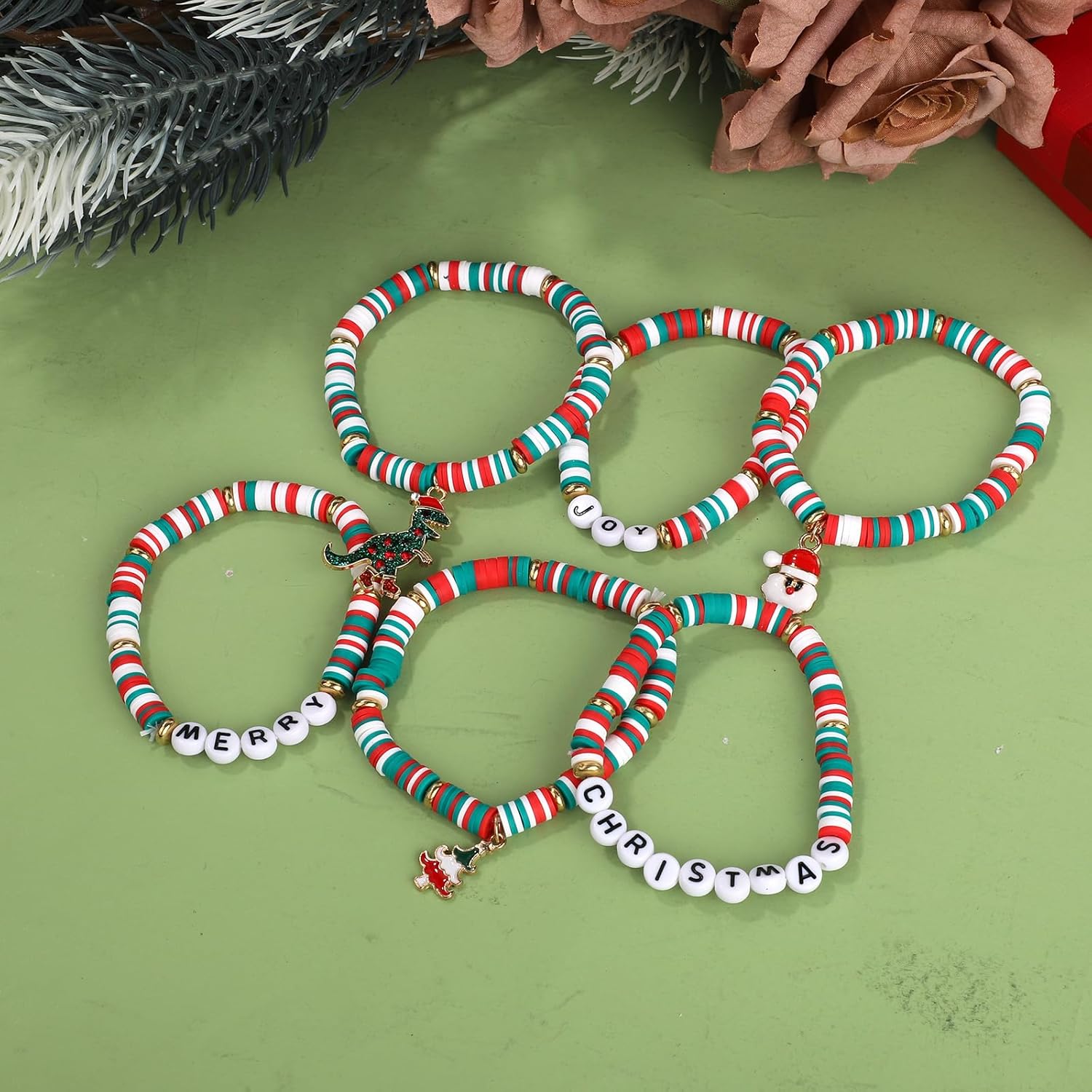 6pcs Christmas Bracelets for Women, Colorful Stackable Joy & Merry Christmas Beaded Bracelets for Holiday Boho Jewelry Accessories - Image 4
