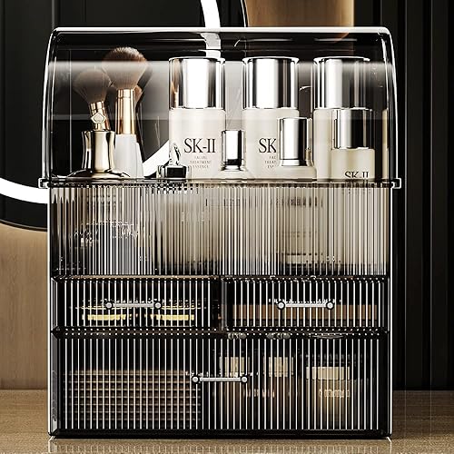 Miniatura 5 de MOOCHI Patrón de rayas negras translúcidas organizador de maquillaje cosmético grande profesional a prueba de polvo a prueba de agua cosméticos