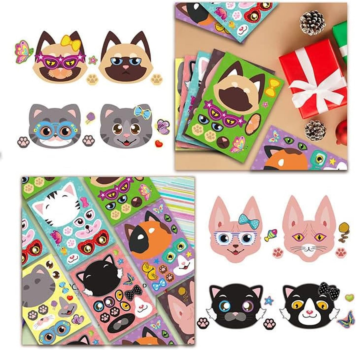 24 Sheets Cat Stickers for Kids, Make Your Own Animal Stickers for Kids, DIY Craft Gift for Birthday Party Favor Supplies