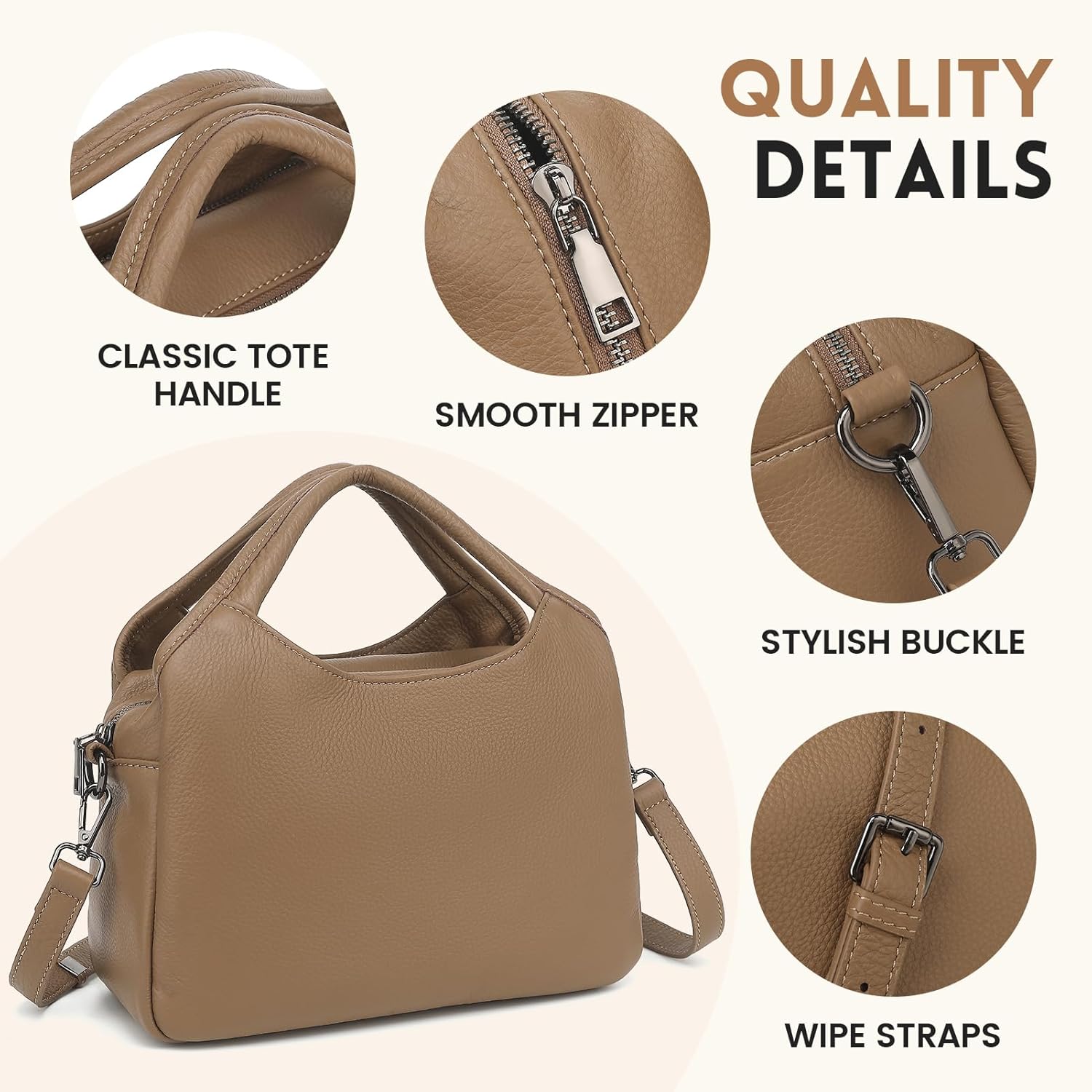 KOGTLA Medium Genuine Leather Purses for Women with Detachable Satchel Strap, Ladies Soft Handbags, Tote Hobo Bags