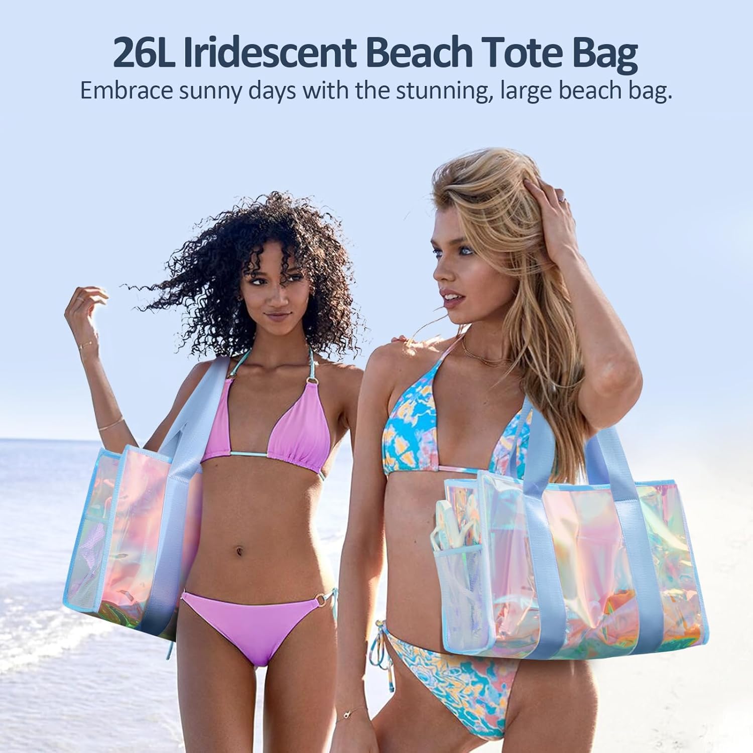 Beach Bag 26L Large Iridescent Waterproof Beach Tote Bag for Women with Zipper & Phone Pouch Sand/Tip-Proof Crossbody - Image 2